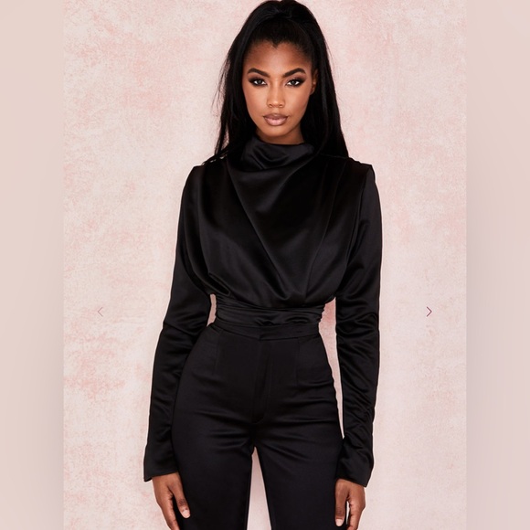 House of CB Tops - House of CB GISELLE Black Satin Blouse Bodysuit